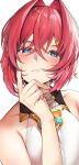  absurdres ange_katrina bare_shoulders blue_eyes blush dress hair_between_eyes hair_intakes hand_on_own_face highres jewelry looking_at_viewer necklace nekozane_ryo nijisanji redhead short_hair smirk smug triangle_hair_ornament virtual_youtuber white_background white_dress 