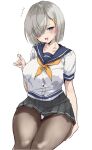  1girl black_pantyhose blue_eyes blue_sailor_collar breasts chigasaki_yukari gloves grey_hair grey_skirt hair_ornament hair_over_one_eye hairclip hamakaze_(kancolle) highres kantai_collection large_breasts looking_at_viewer pantyhose pleated_skirt sailor_collar sailor_shirt school_uniform serafuku shirt short_hair simple_background sitting skirt solo thigh_gap white_background white_gloves white_shirt 