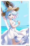  1girl :d absurdres arona_(blue_archive) artist_name bare_shoulders blue_archive blue_eyes blue_hair blue_halo blue_pupils blurry blurry_background border braid breasts colored_inner_hair depth_of_field dress from_side hairband halo hat highres kenma_pro light_blue_hair looking_at_viewer mismatched_pupils multicolored_hair open_mouth outdoors pink_hair red_pupils ribbon short_hair side_braid single_braid small_breasts smile solo strap_slip straw_hat sundress teeth twitter_username two-tone_hair upper_teeth_only viewfinder white_border white_dress white_hairband white_ribbon 