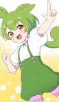  1girl absurdres blush green_hair green_shorts green_suspenders hair_between_eyes highres index_finger_raised long_hair miz_(mizillustration) open_mouth orange_eyes puffy_short_sleeves puffy_sleeves shirt short_sleeves shorts smile solo star_(symbol) suspender_shorts suspenders voicevox white_shirt zundamon 