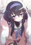  1girl bags_under_eyes black_hair blue_archive blue_eyes blue_hairband blue_neckerchief closed_mouth futon hairband jewelry krono_tokage long_hair long_sleeves looking_at_viewer neckerchief necklace solo ui_(blue_archive) 
