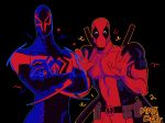  2boys ^_^ absurdres belt belt_pouch black_background black_bodysuit blue_bodysuit blue_mask bodysuit closed_eyes crossed_arms deadpool english_commentary facing_viewer hands_up highres male_focus marvel mask matios_felis multiple_boys pouch red_bodysuit red_mask simple_background spider-man:_across_the_spider-verse spider-man_(2099) spider-man_(series) sword sword_on_back two-tone_bodysuit upper_body weapon weapon_on_back 