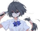  1girl antenna_hair blue_bow blue_bowtie blue_eyes bow bowtie cutting_hair expressionless glasses grey_hair highres holding holding_hair holding_knife knife looking_at_viewer matsuda_hikari original rectangular_eyewear shirt short_hair short_sleeves simple_background solo upper_body white_background white_shirt 