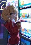 1girl absurdres blonde_hair blue_archive can clenched_teeth commentary grey_eyes halo highres holding holding_can jacket kurone_(kurone_ryuo) long_sleeves looking_at_viewer red_jacket short_hair smile solo teeth vending_machine yellow_halo yoshimi_(blue_archive) 