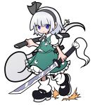  1girl black_footwear closed_mouth commentary flower frilled_skirt frills full_body ghost green_skirt grey_hair holding holding_sword holding_weapon katana konpaku_youmu konpaku_youmu_(ghost) looking_at_viewer parody puyopuyo shinmon_akika shirt short_hair short_sleeves skirt socks solo style_parody sword touhou weapon white_flower white_shirt white_socks 