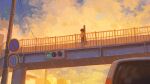  1other ambiguous_gender blue_sky clouds evening fjsmu highres instrument_case instrument_on_back original pedestrian_bridge road_sign scenery short_hair sign sky solo traffic_light 