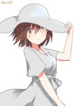  1girl absurdres brown_hair cowboy_shot furutaka_(kancolle) glowing glowing_eye hat heterochromia highres kantai_collection official_alternate_costume one-hour_drawing_challenge robinson_(day_l_full) short_hair simple_background solo sun_hat white_background white_headwear yellow_eyes 