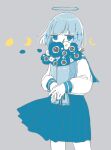  1girl anemone_(flower) blue_eyes blue_hair blue_halo blue_sailor_collar blue_skirt bob_cut bouquet covered_mouth cowboy_shot crescent flower grey_background halo highres holding holding_bouquet jitome long_bangs long_sleeves looking_at_viewer no_pupils object_hug original own_hands_together pale_skin pleated_skirt puffy_sleeves sailor_collar school_uniform serafuku shirt short_hair sidelocks simple_background skirt sleeve_cuffs solo sskitaco white_shirt 