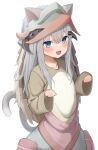  1girl absurdres amu_mina animal_ears blue_eyes brown_shirt cat_ears cat_girl cat_tail cosplay grey_hair helmet highres indie_virtual_youtuber long_hair long_sleeves looking_at_viewer made_in_abyss nachoneko nanachi_(made_in_abyss) nanachi_(made_in_abyss)_(cosplay) paw_pose shirt tail virtual_youtuber 