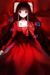  1girl aya_drevis bow brown_hair choker dress facing_viewer flower kananono mad_father pale_skin red_background red_choker red_dress red_eyes simple_background white_bow 