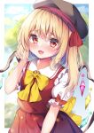  1girl :d alternate_headwear black_headwear blonde_hair blurry blurry_background blush bow bowtie commentary_request crystal fang flandre_scarlet hand_in_own_hair hat hat_ribbon highres looking_at_viewer medium_hair one_side_up open_mouth outdoors red_eyes red_ribbon red_skirt red_vest ribbon shirotsuki_shirone shirt short_sleeves skin_fang skirt smile solo touhou vest white_shirt wings yellow_bow yellow_bowtie 