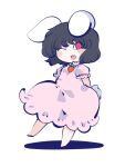  1girl ;3 ;d animal_ears arms_behind_back barefoot black_hair blush carrot chahan_(fried_rice0614) chibi dress floppy_ears full_body highres inaba_tewi looking_at_viewer one_eye_closed open_mouth pink_dress rabbit_ears rabbit_tail red_eyes round_teeth shadow simple_background slit_pupils smile solo tail teeth touhou upper_teeth_only v-shaped_eyebrows white_background 
