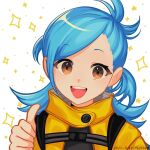  1girl ai_the_somnium_files blue_hair buttons commentary high_collar highres koifish_kk long_hair looking_at_viewer okiura_mizuki open_mouth orange_eyes solo star_(symbol) symbol-only_commentary teeth thumbs_up twitter_username upper_body upper_teeth_only white_background 