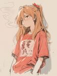  1girl blue_eyes blush cigarette escha_(eschadiol) highres long_hair neon_genesis_evangelion orange_hair red_shirt shirt smoking solo souryuu_asuka_langley t-shirt two_side_up 