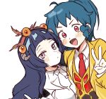  2girls blue_hair closed_mouth collared_shirt commentary_request dark_blue_hair employee_(lobotomy_corporation) grey_eyes jacket lobotomy_corporation long_hair medu_(rubish) multiple_girls necktie open_clothes open_jacket open_mouth pale_skin project_moon red_eyes red_necktie shirt short_bangs sitting sketch smile v v-shaped_eyebrows vest white_background white_jacket white_necktie white_shirt yellow_jacket yellow_vest 