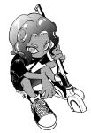  1boy classic_squiffer_(splatoon) dark-skinned_male dark_skin holding holding_weapon looking_at_viewer male_focus octarian octoling octoling_boy parted_bangs shirt shoes short_hair shorts shundei_(enig) sitting sneakers solo splatoon_(series) suction_cups t-shirt tentacle_hair weapon widow&#039;s_peak 
