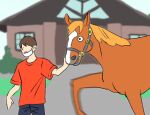  1boy 1other animal_focus blurry bridle brown_hair commentary cowboy_shot depth_of_field derivative_work highres horse ikezoe_ken&#039;ichi mask motion_blur mouth_mask netkeibatv open_mouth orfevre_(racehorse) pants real_life red_shirt screencap_redraw shirt short_hair symbol-only_commentary yumayuma_(yumayumaaaan) 