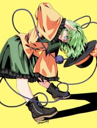  1girl absurdres bent_over black_footwear black_headwear boots commentary frilled_skirt frills green_eyes green_hair green_skirt hat hat_ribbon heart heart_of_string highres komeiji_koishi long_sleeves looking_at_viewer open_mouth ribbon shirt short_hair signature simple_background skirt solo third_eye touhou ultragruntyy yellow_background yellow_ribbon yellow_shirt 