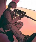 1boy aiming akai_shuuichi baseball_cap black_gloves bulletproof_vest fingerless_gloves full_body gloves gun hat headphones headset holding holding_gun holding_weapon male male_focus meitantei_conan military military_uniform pants rifle shoes sitting sniper_rifle solo sunglasses tinted_eyewear watermark weapon