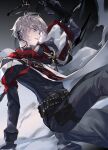  1boy arknights arm_support arm_up black_footwear black_gloves black_jacket black_pants boots commentary_request executor_(arknights) feet_out_of_frame gloves grey_eyes grey_hair halo holding jacket long_sleeves male_focus mizukai pants parted_lips solo 