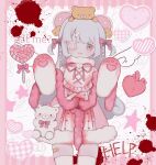  1girl bandaid_on_thigh blood blood_splatter blush braid brown_eyes candy commentary dress english_commentary eyepatch food fur-trimmed_dress fur_trim grey_hair heart heart_lollipop highres lollipop long_hair medical_eyepatch mercure_1104 open_mouth original pink_dress pink_ribbon pink_theme ribbon shaped_lollipop side_braids smile stuffed_animal stuffed_toy teddy_bear thigh-highs two_side_up white_thighhighs 
