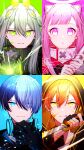  2boys 2girls aoyagi_touya blonde_hair blue_eyes blue_hair blunt_bangs close_game/offline_(project_sekai) commentary crack dark_blue_hair drawstring fingerless_gloves gloves green_hair hair_between_eyes hair_over_one_eye halo heart heart_in_eye high_collar highres holding holding_knife holding_mask holding_weapon hood hood_up knife kusanagi_nene long_hair looking_at_viewer mask mask_removed mechanical_halo multicolored_hair multiple_boys multiple_girls official_alternate_costume official_alternate_hair_length official_alternate_hairstyle ootori_emu orange_hair parted_lips pink_eyes pink_hair project_sekai shinonome_akito short_hair streaked_hair symbol-only_commentary symbol_in_eye teneko02 tongue tongue_out two-tone_hair violet_eyes weapon x yellow_eyes 
