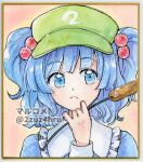  1girl 2zuz4hru \||/ blue_eyes blue_hair blunt_bangs cattail closed_mouth commentary_request expressionless frilled_shirt_collar frills hair_bobbles hair_ornament hand_up hat holding holding_plant kawashiro_nitori looking_to_the_side medium_hair painting_(medium) plant portrait solo touhou traditional_media two_side_up watercolor_(medium) 