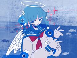  1girl anemone_(flower) black_eyes blue_flower blue_hair blue_sailor_collar blue_skirt dot_nose fish flower grey_shirt halo hands_up highres jitome long_bangs long_sleeves medium_hair neckerchief no_pupils open_hands original parted_lips pleated_skirt red_neckerchief sailor_collar school_uniform serafuku shirt sidelocks skirt sleeve_cuffs solo sparkle sskitaco tile_wall tiles upper_body white_wings wings 