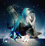  1girl absurdres aqua_eyes aqua_hair black_dress black_ribbon blue_eyes blue_hair dress fireworks glowing hair_ribbon hatsune_miku highres in_water long_hair looking_up night night_sky open_mouth parted_lips ribbon shinkai_shoujo_(vocaloid) shoujo_koiri sky sleeveless sleeveless_dress solo star_(sky) star_(symbol) twintails very_long_hair vocaloid wading 