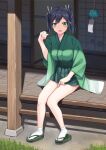  1girl black_hair full_body green_eyes green_hakama green_kimono hakama hakama_short_skirt hakama_skirt highres japanese_clothes kantai_collection kimono mayura_(lucadia) medium_hair miniskirt sandals sitting skirt sliding_doors smile socks solo souryuu_(kancolle) twintails veranda white_socks wide_sleeves wind_chime wooden_floor 