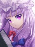  1girl blue_bow book bow closed_mouth dress hair_bow hat highres long_hair looking_at_viewer mob_cap patchouli_knowledge purple_dress purple_hair purple_headwear simple_background solo touhou upper_body violet_eyes white_background yuki_10825 