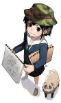  1girl artist_name asakusa_midori black_eyes black_hair blazer blue_jacket blue_skirt blush brown_footwear bucket_hat camouflage camouflage_headwear carrying carrying_under_arm closed_mouth commentary eizouken_ni_wa_te_wo_dasu_na! from_above from_side green_headwear green_necktie hair_between_eyes hat hayato_noda highres holding holding_sketchbook jacket light_blush light_smile loafers looking_to_the_side looking_up necktie perspective pleated_skirt sailor_collar shadow shirt shoes short_hair signature simple_background sketchbook skirt smile socks solo tanuki v-shaped_eyebrows white_background white_sailor_collar white_shirt white_socks 