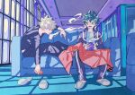  2boys alternate_hair_color aqua_eyes aqua_hair bakugou_katsuki blanket blue_pants blue_shirt blurry blurry_background boku_no_hero_academia bright_pupils ceiling cel_shading chromatic_aberration clothes_writing commentary_request couch cup curly_hair diamond-shaped_pupils diamond_(shape) disposable_cup eyebrows_hidden_by_hair feet_on_chair film_grain fingernails freckles grey_footwear grey_hair hand_up hands_up high_collar highres holding holding_phone in-universe_location indoors jacket leaning_forward ligne_claire long_sleeves looking_at_another looking_to_the_side male_focus midoriya_izuku mouth_hold mug multiple_boys on_couch open_clothes open_jacket open_mouth pants partial_commentary perspective phone profile red_eyes scar scar_on_hand shadow shirt short_hair sidelighting sideways_glance slippers slippers_removed smile souko_(floyd) spiky_hair steam symbol-shaped_pupils t-shirt teeth_hold track_jacket track_pants track_suit u.a._gym_uniform white_pupils window window_shade winter_uniform 
