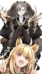  2girls animal_ears arknights black_thighhighs blonde_hair book ceobe_(arknights) crossed_legs dog_ears double_v garter_straps grey_eyes grey_hair holding holding_book long_hair long_sleeves looking_at_viewer looking_down motion_blur multiple_girls open_mouth penance_(arknights) red_eyes thigh-highs twitter_username v yokaze_(yokajie) 