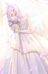  1girl absurdres alternate_costume bare_shoulders bouquet breasts bridal_veil curtains dress ear_covers feet_out_of_frame gloves half-closed_eyes head_tilt highres holding holding_bouquet indoors isana615 long_hair mejiro_mcqueen_(umamusume) open_mouth petals purple_hair sleeveless sleeveless_dress small_breasts smile solo standing umamusume veil violet_eyes wedding_dress white_dress white_gloves window 