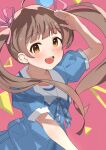  1girl :d abstract_background absurdres ahoge arm_up blue_ribbon blue_shirt blue_skirt blush bow brown_eyes brown_hair hair_bow hair_ribbon hakozaki_serika highres idolmaster idolmaster_million_live! idolmaster_million_live!_theater_days long_hair looking_at_viewer neck_ribbon ooho0216 open_mouth pink_background pink_ribbon ribbon sailor_collar salute shirt short_sleeves skirt smile solo teeth twintails upper_body upper_teeth_only very_long_hair white_sailor_collar 