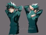  1boy adjusting_clothes arm_behind_back arm_behind_head arm_up bodysuit boku_no_hero_academia bright_pupils closed_mouth commentary_request cropped_torso freckles from_behind frown green_bodysuit green_eyes green_hair grey_background hand_up long_sleeves looking_to_the_side male_focus matsuya_(pile) midoriya_izuku multiple_views partial_commentary profile scar scar_on_hand short_hair sideways_glance simple_background sweatdrop twitter_username upper_body white_pupils 