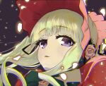  1girl alternate_eye_color blonde_hair blunt_bangs bonnet bow bowtie commentary_request dress green_bow green_bowtie long_hair looking_at_viewer medium_bangs mofu_(user_fvee3833) open_mouth red_dress red_headwear rozen_maiden shinku sidelocks solo twintails violet_eyes 