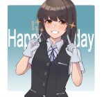  1girl birthday black_hair black_vest blush brown_eyes gloves happy_birthday hayashio_(kancolle) highres index_finger_raised kantai_collection koureikyou_kou long_hair shirt smile solo upper_body vest white_gloves white_shirt 