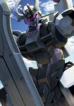  absurdres clouds glowing glowing_eyes gundam gundam_suisei_no_majo head_tilt highres looking_at_viewer mecha moyashi_(karamisouma) robot schwarzette sky solo sword violet_eyes weapon 