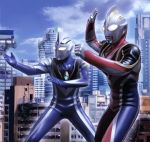  2boys bodysuit building city contrapposto cowboy_shot day fighting_stance giant glowing glowing_eyes male_focus multiple_boys outdoors skin_tight skyscraper standing tokusatsu ultra_series ultraman_agul ultraman_gaia ultraman_gaia_(series) yusao 