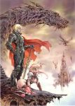  absurdres armor ass blonde_hair bracer cape cleavage dragon fantasy fog gloves greaves hair_ornament hand_on_hip large_breasts male sitting sword thigh-highs wind yamashita_shunya 