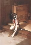  absurdres black_hair green_eyes hair_bow hair_over_one_eye japanese_clothes mouse sad sandals sitting sketch solo tatami 