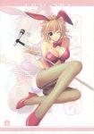  blue_eyes breasts bunny_ears bunny_girl bunnysuit cleavage excellen_browning fishnet_pantyhose fishnets high_heels highres jpeg_artifacts microphone microphone_stand orange_hair pantyhose rabbit_ears shoes solo super_robot_wars thigh-highs wink zoom_layer 