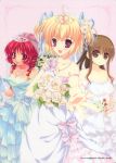  3girls :d blue_ribbon bouquet breasts brown_eyes brown_hair cleavage closed_mouth collarbone copyright_request dress eyebrows_visible_through_hair kashiwamochi_yomogi looking_at_viewer magicu malino_(dream_maker) mikeou necklace open_mouth pink_ribbon smile source_request tiara twintails upper_teeth wedding_dress 