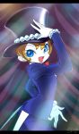  androgynous anpanman blue_eyes bowtie bracelet character_request eyelashes eyeshadow formal gloves hat highres jewelry makeup open_mouth orange_hair pale_skin pearl short_hair smile solo space_jin top_hat tuxedo white_gloves 