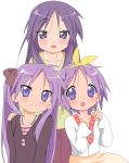  blue_eyes bow casual collarbone hair_bow hair_ribbon highres hiiragi_kagami hiiragi_miki hiiragi_tsukasa holding_hands long_hair lucky_star multiple_girls purple_hair ribbon short_hair siblings simple_background sisters skirt smile tareme tsurime twins twintails vector vector_trace 