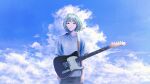  1other ambiguous_gender androgynous black_eyes black_shorts blue_hair blue_shirt closed_mouth clouds cloudy_sky commentary cowboy_shot electric_guitar fracoco gender_request guitar highres instrument looking_at_viewer original shirt short_hair short_sleeves shorts signature sky solo 