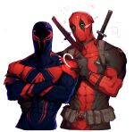 2boys abs absurdres anger_vein arm_around_waist belt belt_pouch black_bodysuit black_gloves blue_bodysuit blush bodysuit commentary crossed_arms deadpool gloves heart_hands_failure highres jv0202021 male_focus marvel mask multiple_boys muscular muscular_male pouch red_bodysuit red_mask simple_background skin_tight spider-man:_across_the_spider-verse spider-man_(2099) spider-man_(series) superhero sword sword_on_back symbol-only_commentary two-tone_bodysuit upper_body weapon weapon_on_back white_background yaoi