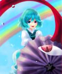  1girl blue_background blue_eyes blue_hair bubble heterochromia highres holding holding_umbrella kogasa_day looking_at_viewer medium_hair mismatched_pupils rainbow red_eyes shee_take solo tatara_kogasa tongue tongue_out touhou umbrella 